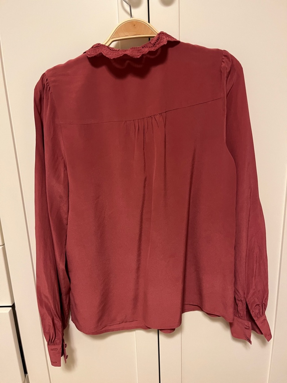 Sezane Ruffled Front Button-Up Blouse in Rosewood - Picture 7 of 7